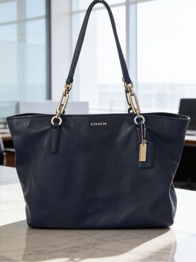 COACH vintage Black Leather Shoulder Tote,East West,gold charm & spell out tag